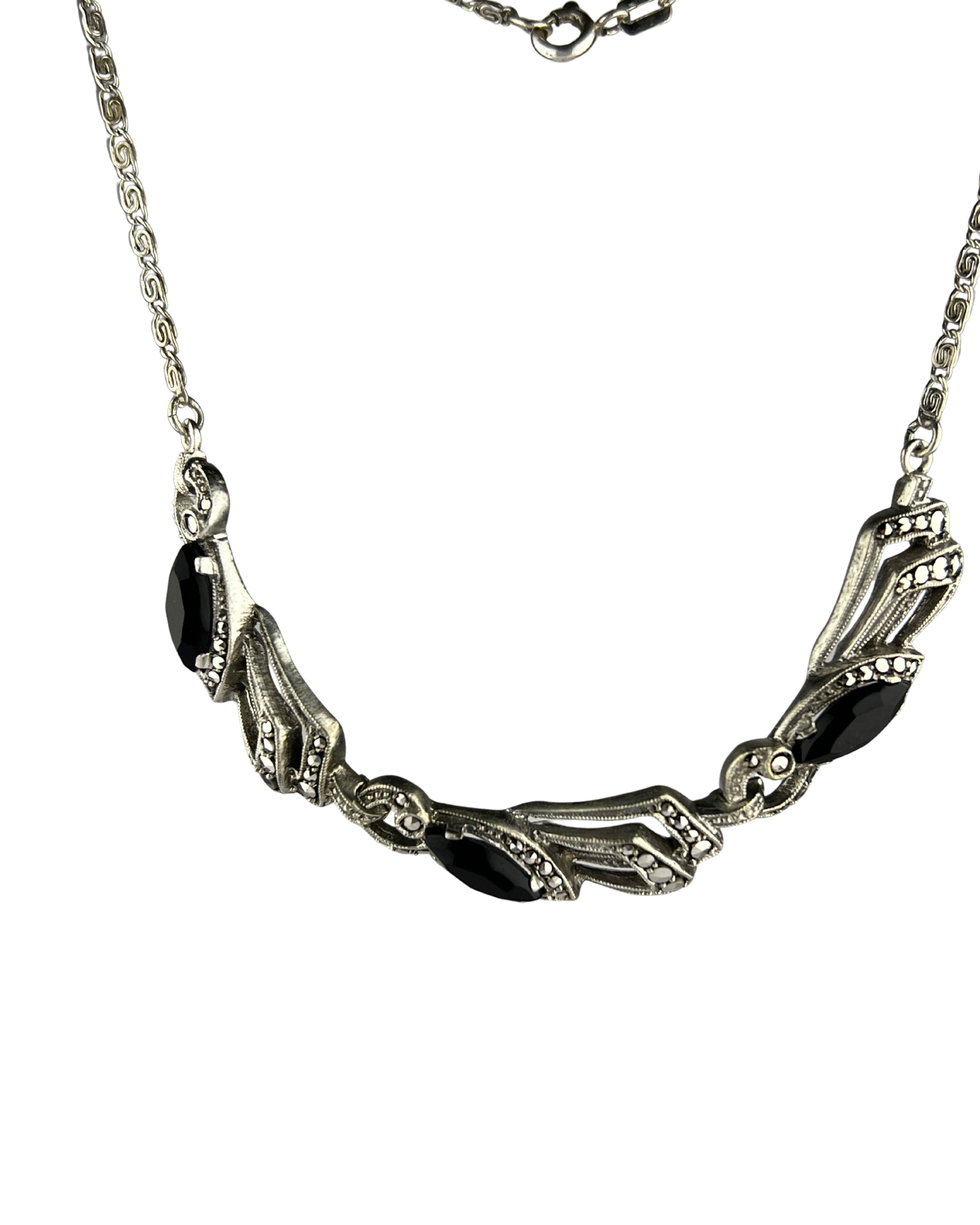 40cm Solid Chain with Black Stones in Sterling Silver