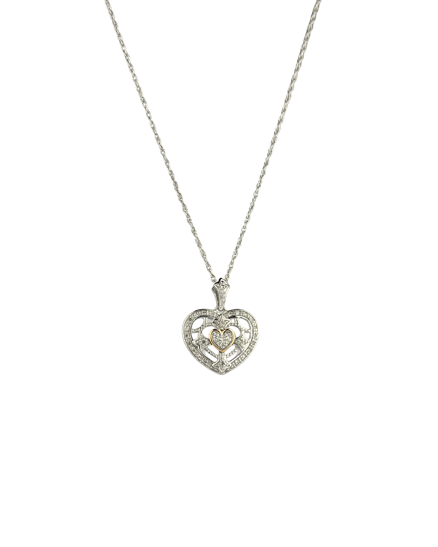 47cm Solid Chain and Diamond Heart Pendant in Sterling Silver and 9ct Rose Gold