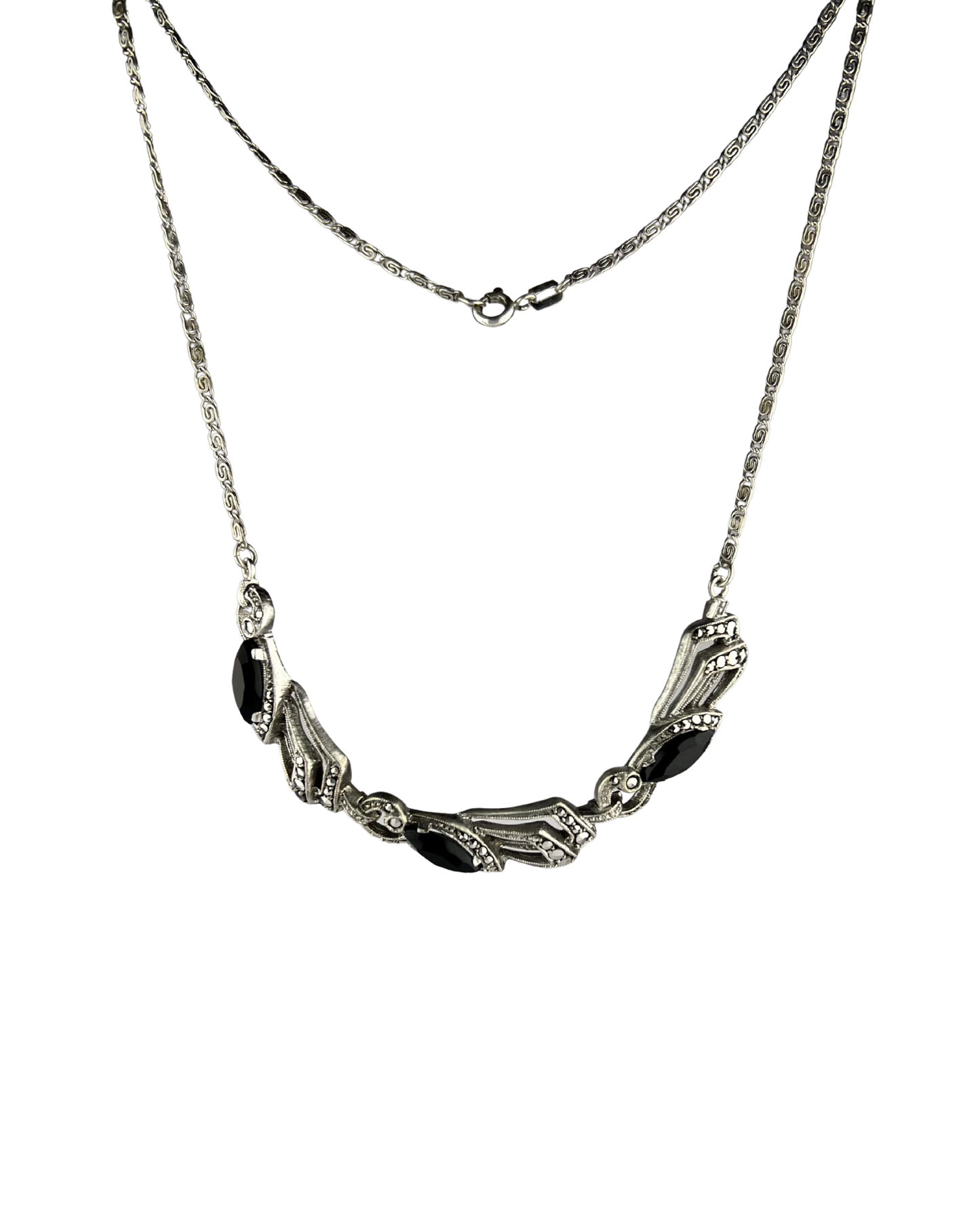 40cm Solid Chain with Black Stones in Sterling Silver