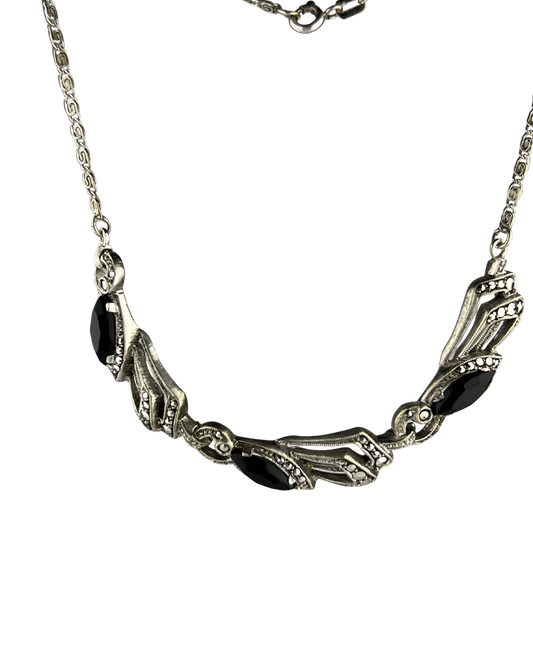 40cm Solid Chain with Black Stones in Sterling Silver