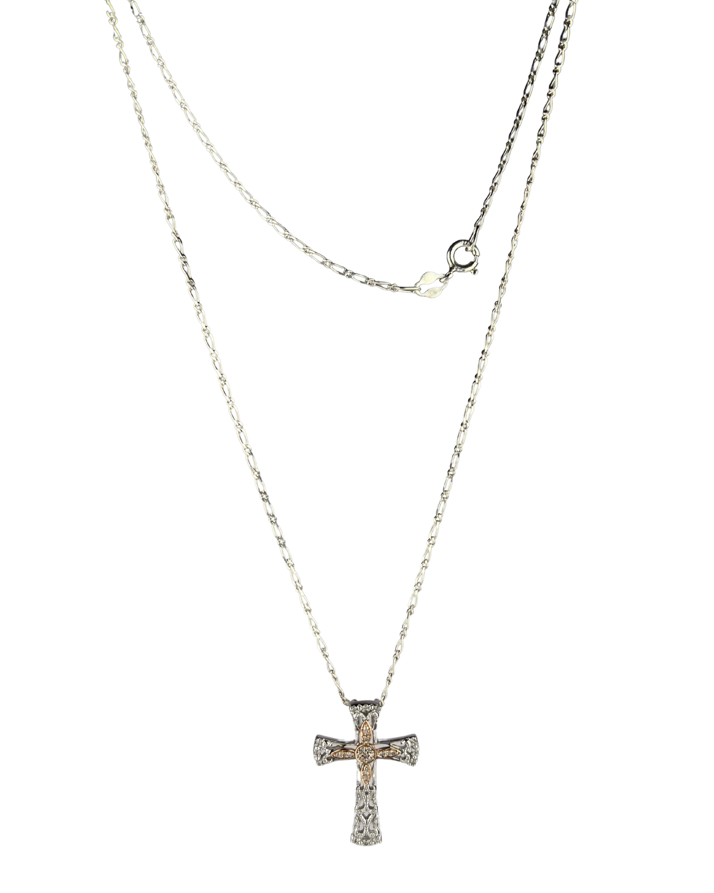 45cm Solid Chain with Diamond Cross Pendant in Sterling Silver and 9ct Rose Gold
