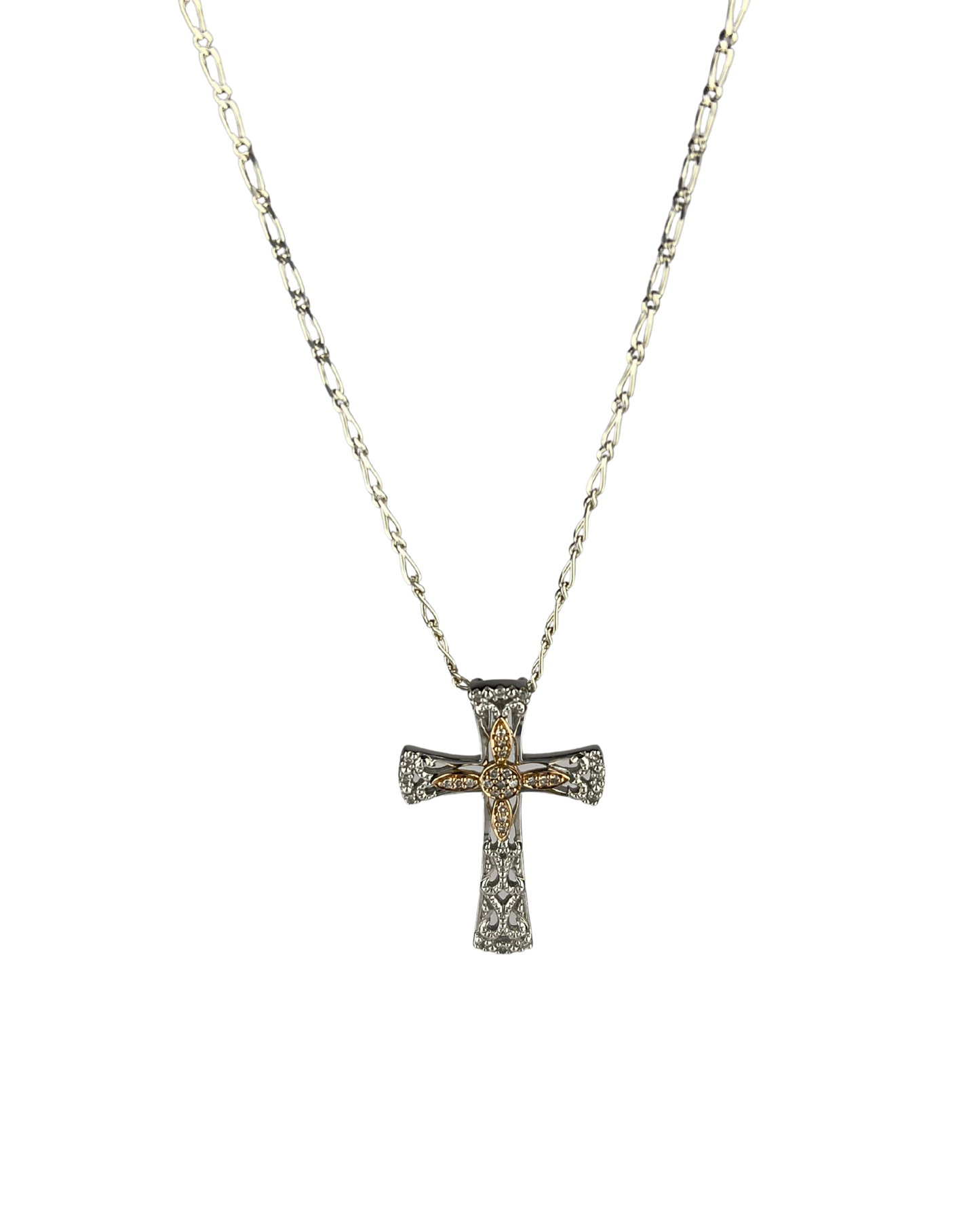 45cm Solid Chain with Diamond Cross Pendant in Sterling Silver and 9ct Rose Gold