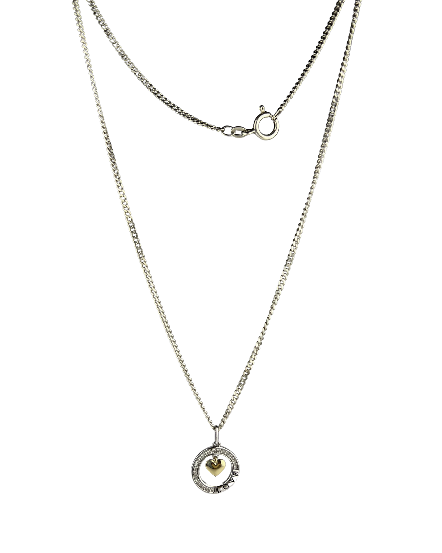 45cm Solid Curb Chain and Diamond Heart Pendant in Sterling Silver and 9ct Yellow Gold