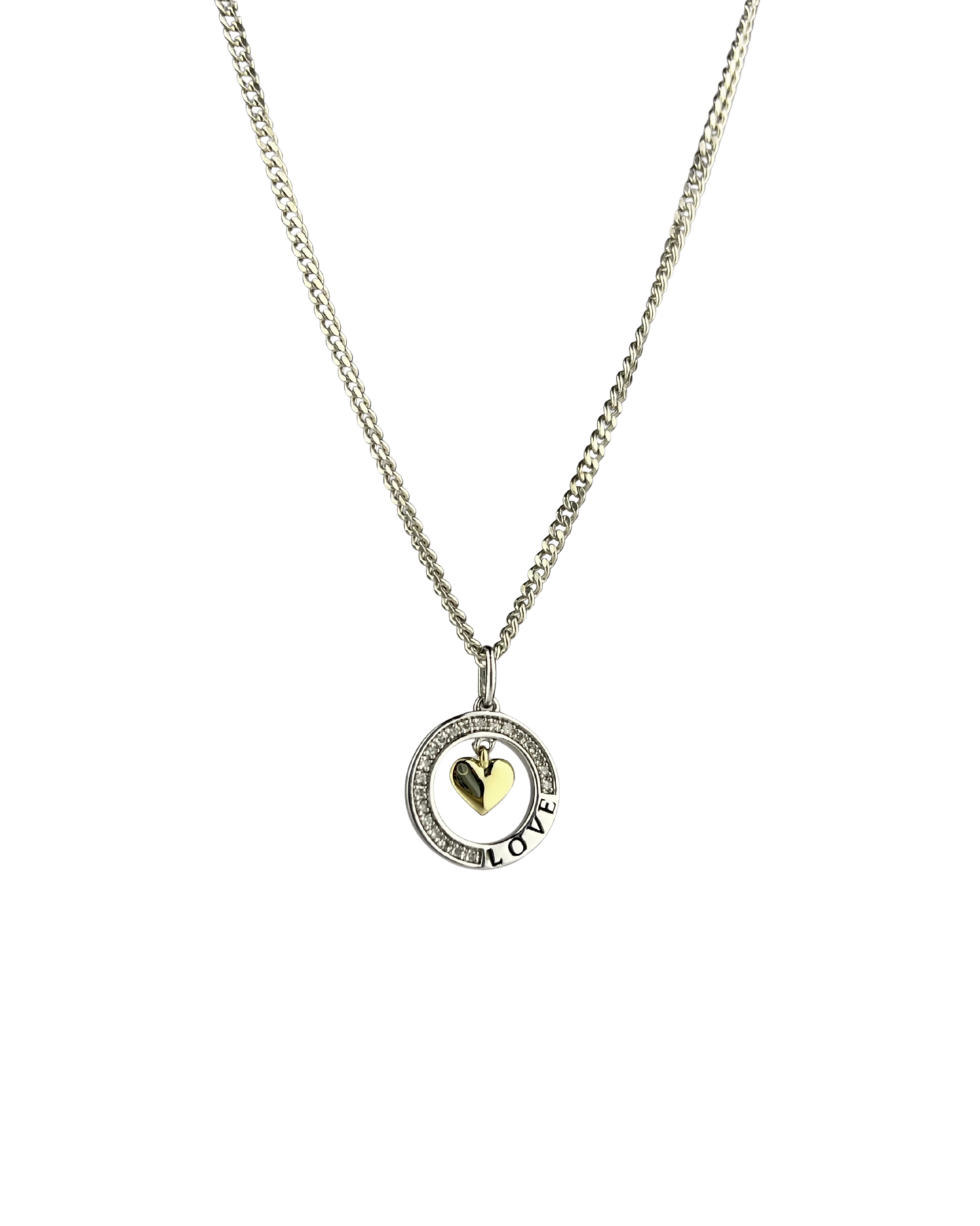 45cm Solid Curb Chain and Diamond Heart Pendant in Sterling Silver and 9ct Yellow Gold