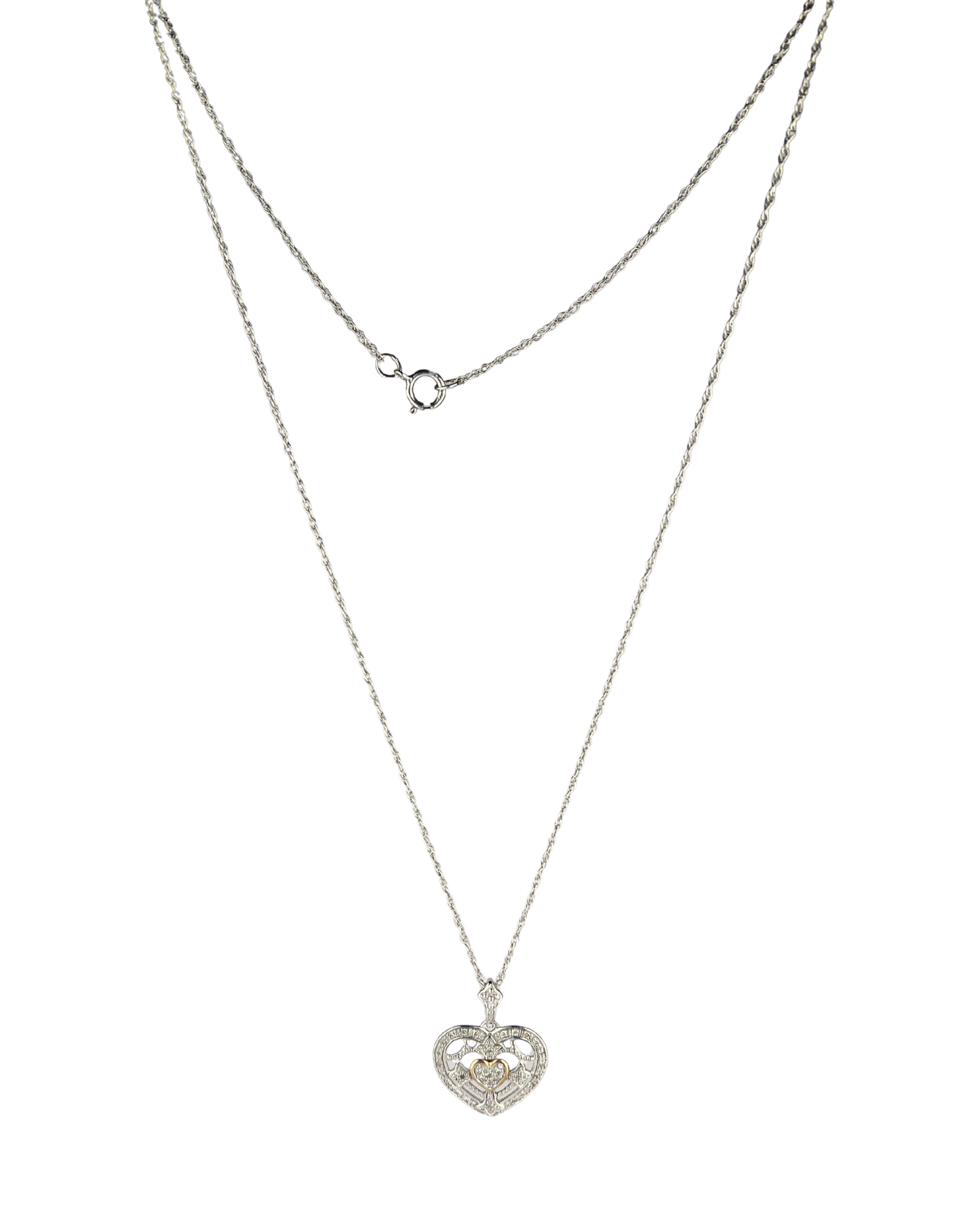 47cm Solid Chain and Diamond Heart Pendant in Sterling Silver and 9ct Rose Gold
